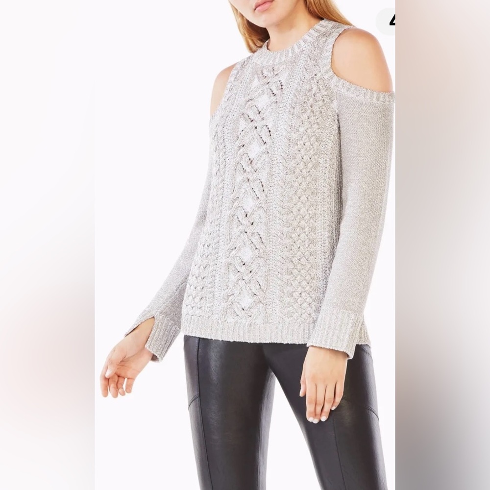 BCBG Max Azaria Women’s Cold Shoulder Metallic Cable Knit L/S Sweater-XS-EUC - Picture 7 of 16